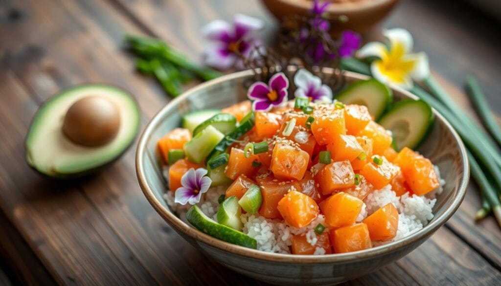 Fresh Salmon Poke Salad Presentation